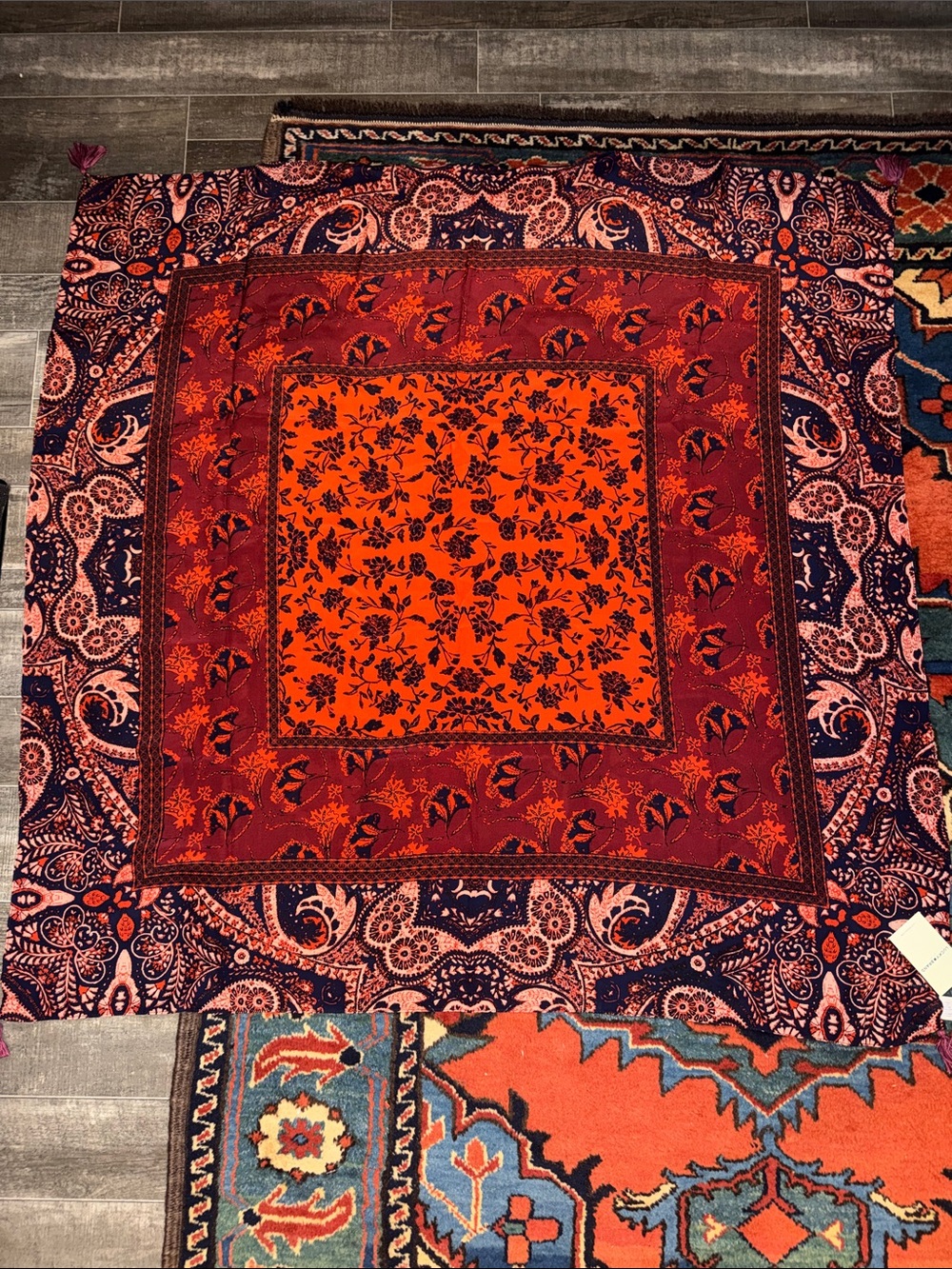 Lucky Brand Scarf 100% Silk Boho Paisley Print40x40” Square Floral TASSELS - NEW